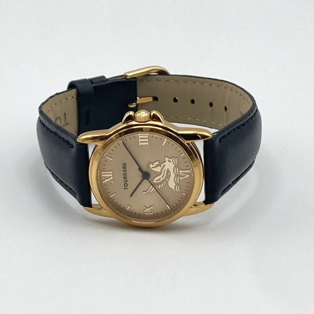 Tourneau Pegasus Watch Women 30mm Gold Tone Black Leather 30M New Battery 8.25